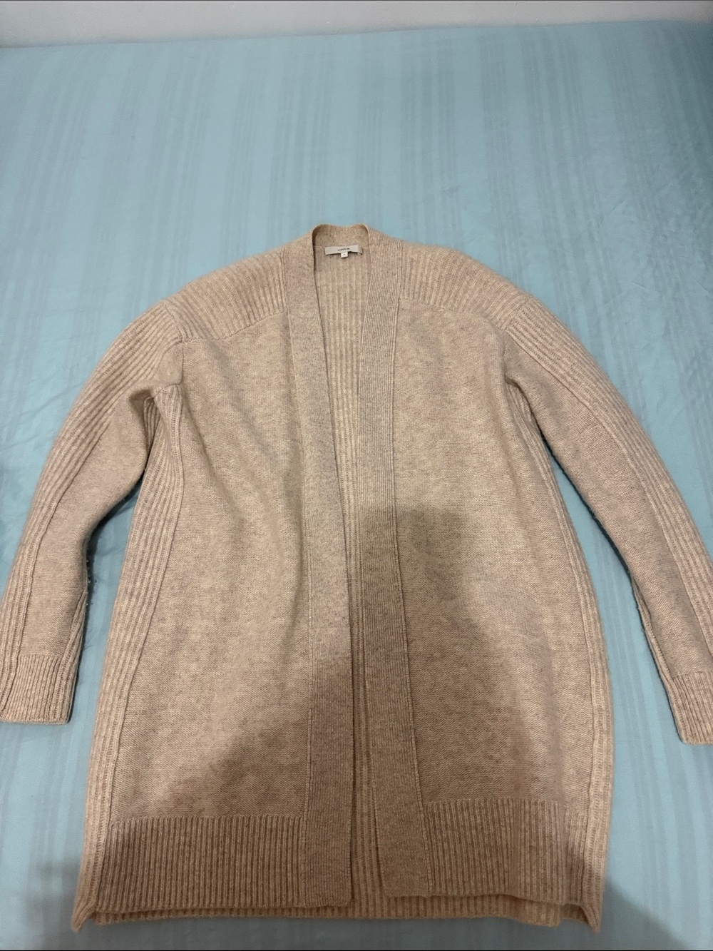 Vince Beige Open-Front Ribbed Long Cardigan